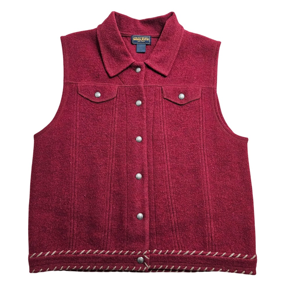 Woolrich Vintage Vest Womens L Claret Red 100% Wool Whipstitch Medallion Button*